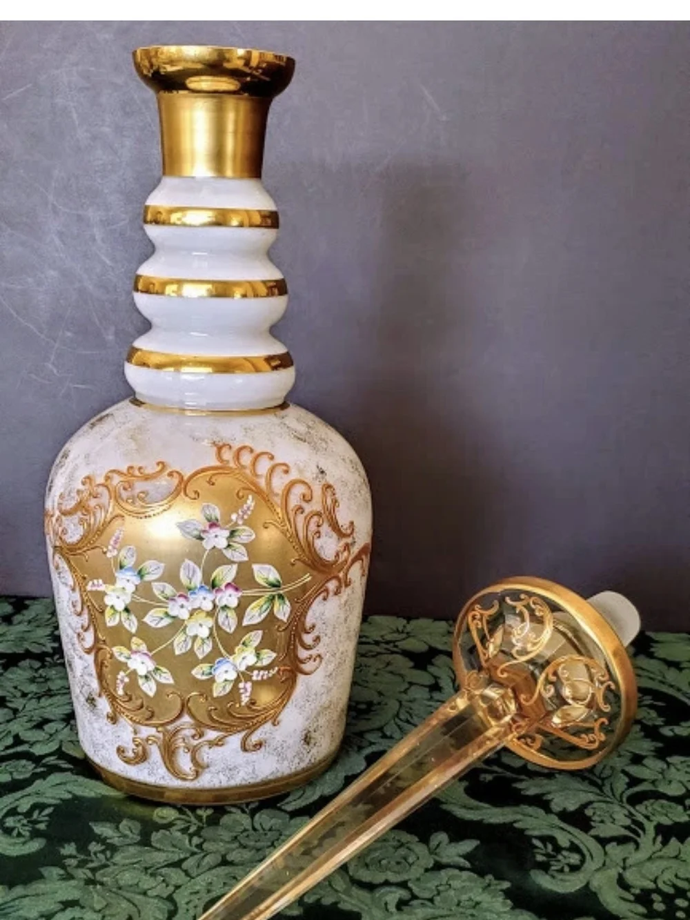 Decorative White and Gold Glass Decanter with Floral Motif